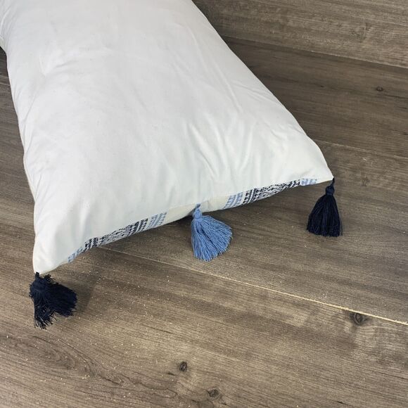 Lumbar Throw Pillow White Blue Boho Waterfowl Feather Striped Tasseled 16" x 24" - Picture 4 of 12